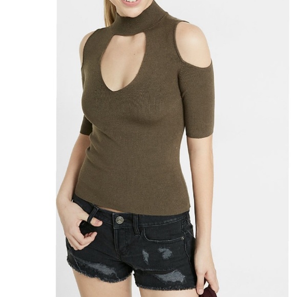 Express Green Mock Neck Cold Shoulder Sweater: XS - Picture 4 of 5